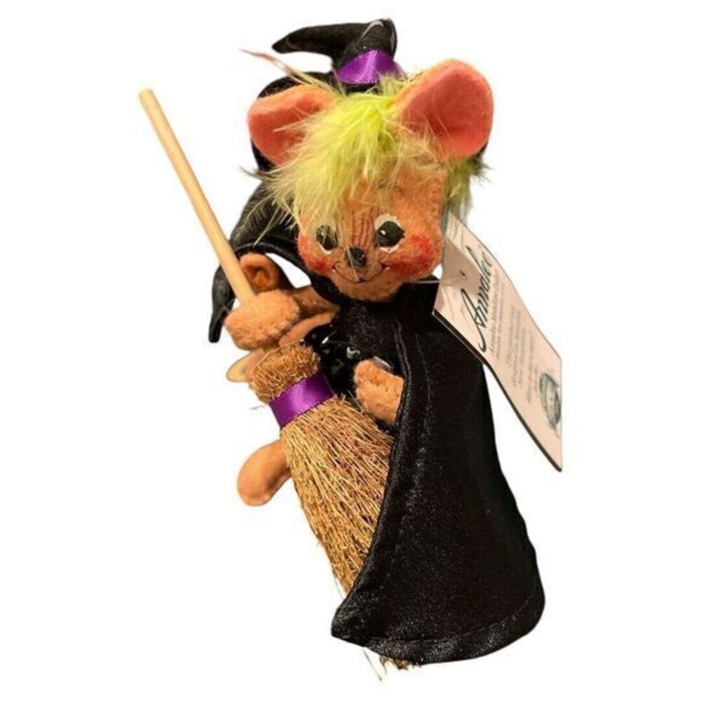 Annalee‎ Halloween Witch Mouse 2006 Broom Moon Stars Green Hair 4" Doll NWT